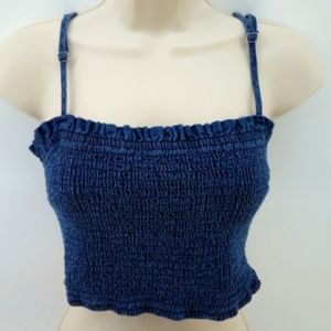 Abercrombie & Fitch Denim Blue Smocked Crop Top adjustable straps Cotton Blend L